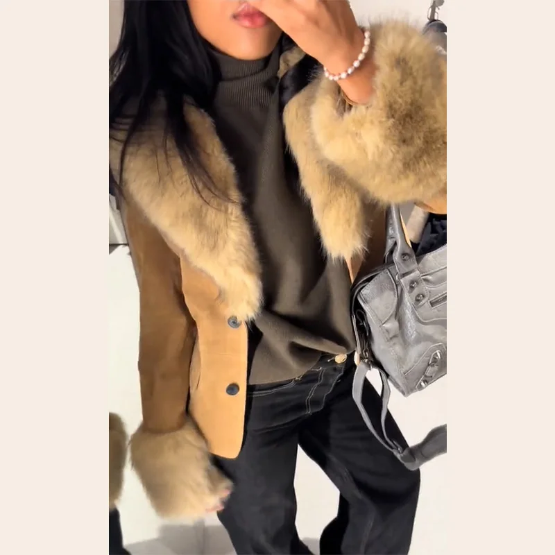 الشتاء المرأة سترة من جلد الغزال شيك انفصال الفراء طوق معطف نحيف واحدة الصدر جيب أبلى 2025 موضة جديدة سترات للسيدات #5