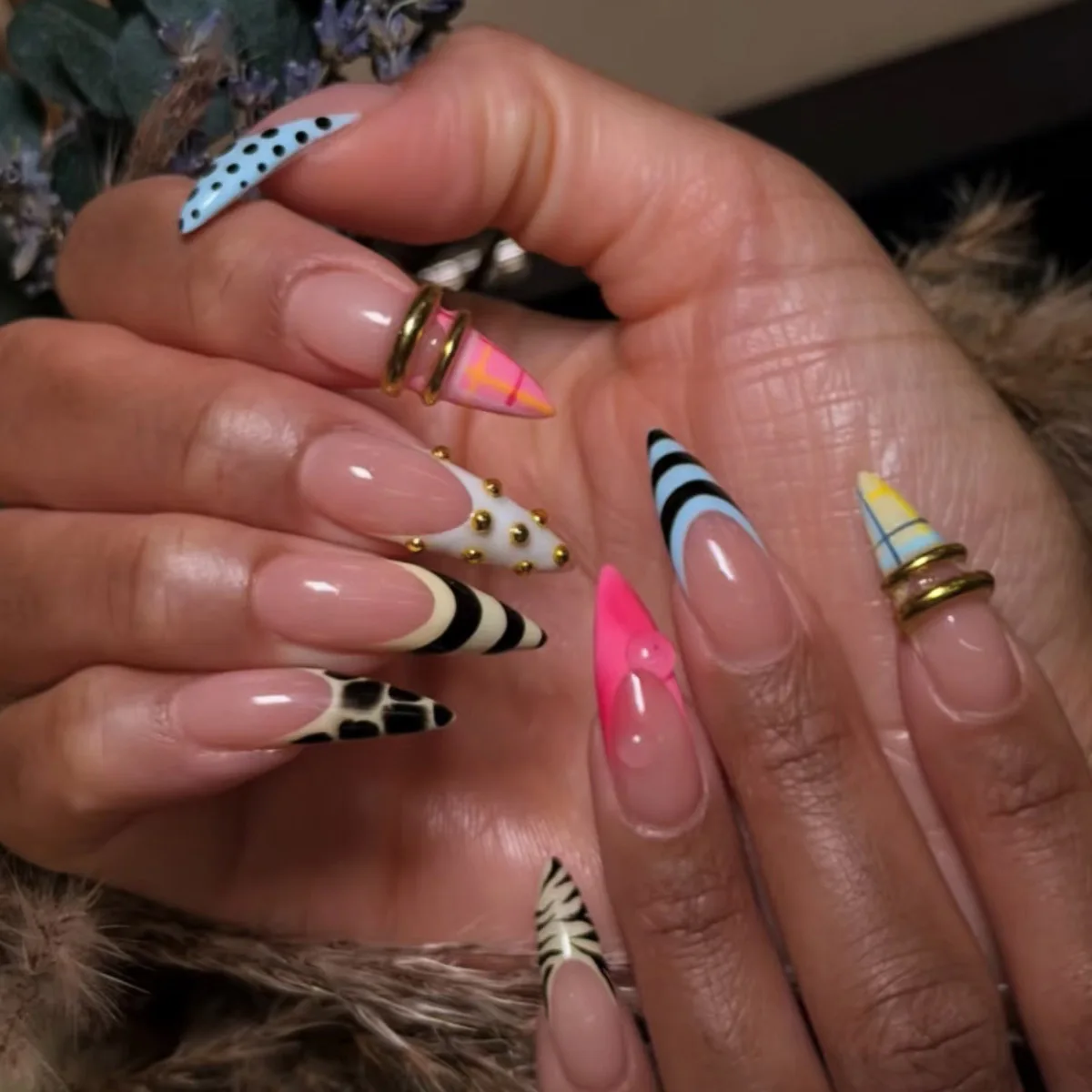 24Pcs Y2k Fluorescent Star Smudge Press on False Nails Leopard Print French Design Nail Art Long Stiletto Detachable Fingernails