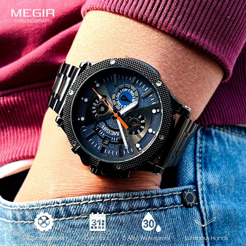 MEGIR Fashion Analog Quartz Watch Men Black Stainless Steel Wristwatch with Chronograph Date Luminous Hands Free Spare Band 2216