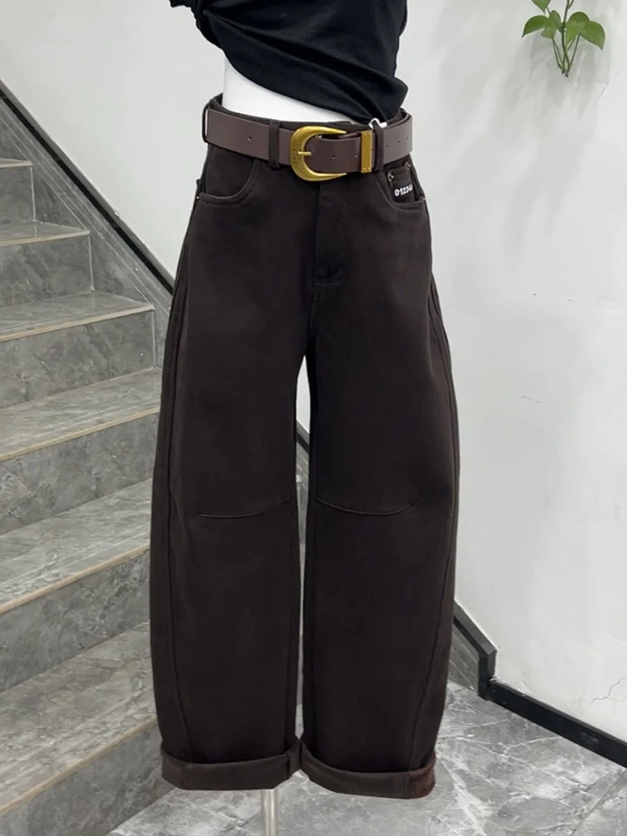 

Зимние джинсы Thiened Fce с высокой талией, прямые брюки с поясом, повседневные брюки для женщин больших размеров, теплые и стройнящие.