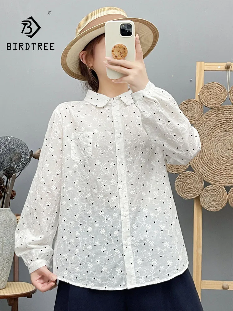 New 2026 Autumn Women Cotton Long Sleeve Shirt, Turn-down Collar Embroidery, Mori Girl French Temperament Loose Blouse T68746CC