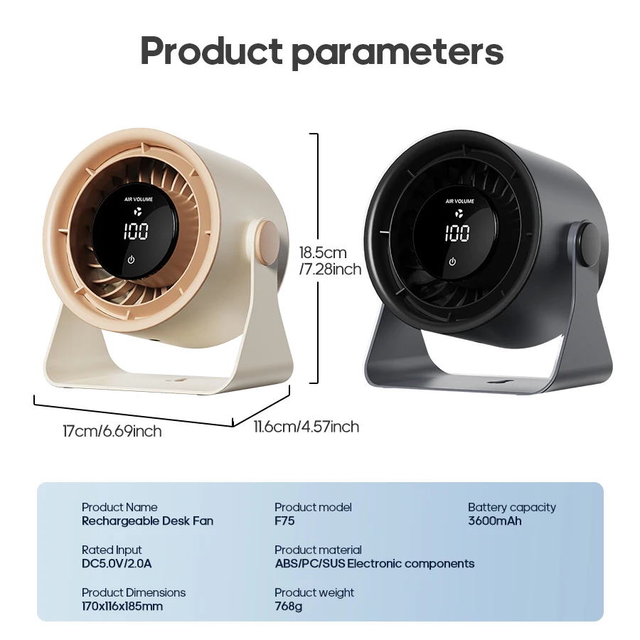 مروحة محمولة متعددة الوظائف 100 سرعة تروس 3600 مللي أمبير في الساعة مروحة تبريد سطح المكتب USB منخفضة الضوضاء مع شاشة LED وشاشة تعمل باللمس