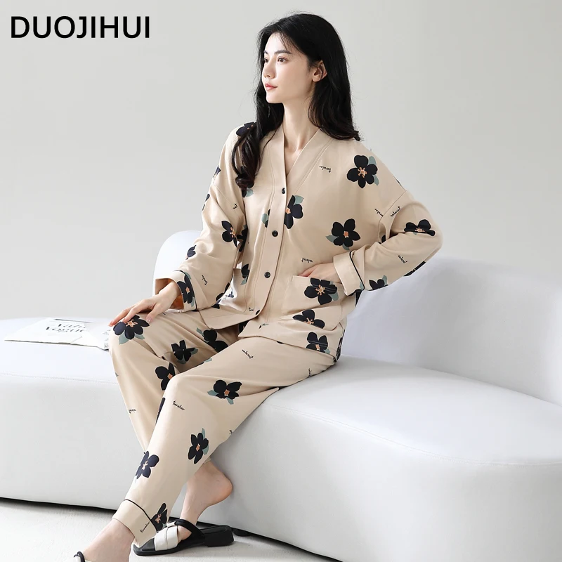 Duojihui Mode Bloemenprint Losse Vrouwelijke Pyjama Set Herfst Nieuwe Klassieke Zak Basic Eenvoudige Zachte Casual Thuis Pyjama Voor Dames