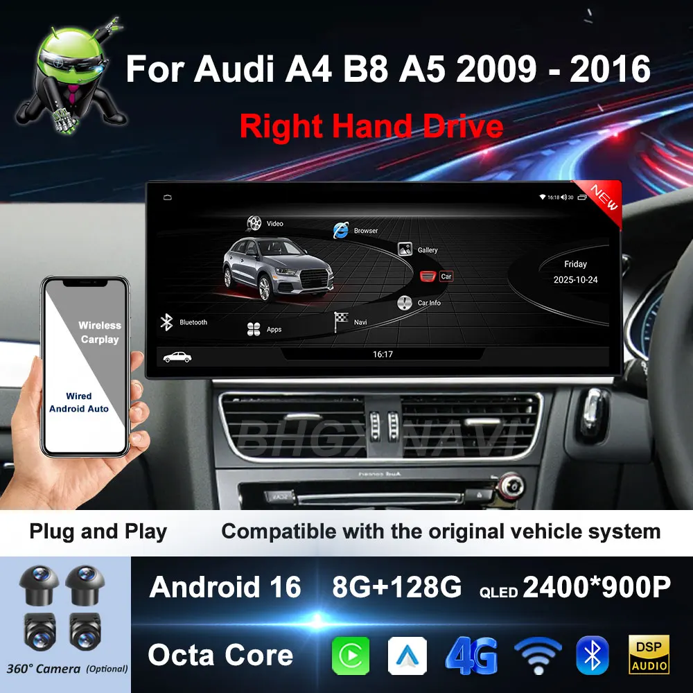 Android 16 Wireless Carplay For Audi A4 B8 A5 2009 2010 2011 2012 - 2016 GPS Navigation Car Video Multimedia Player Bluetooth 4G