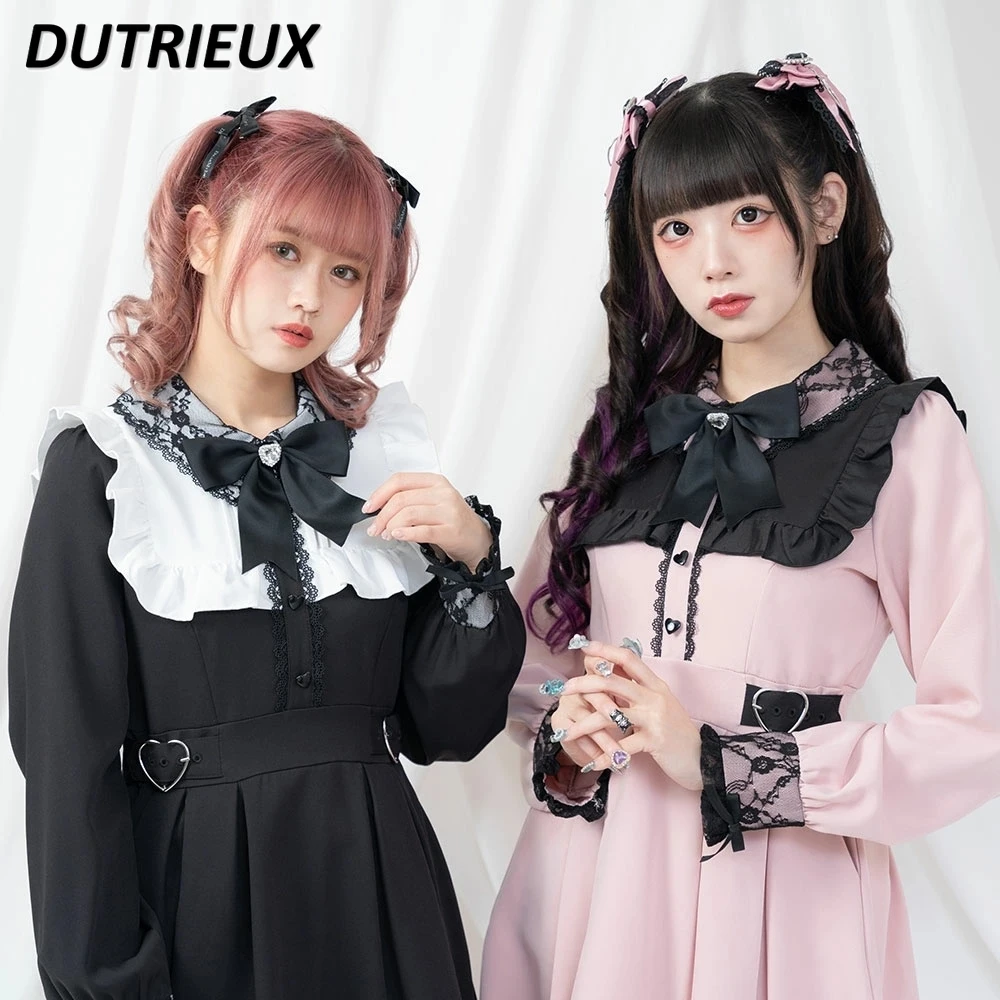 Japanese Diamond Bow Dresses Women Japanese Japanese Rojita Sweet Lace Stitching Bubble Long Sleeve Dress Autumn Student Dress