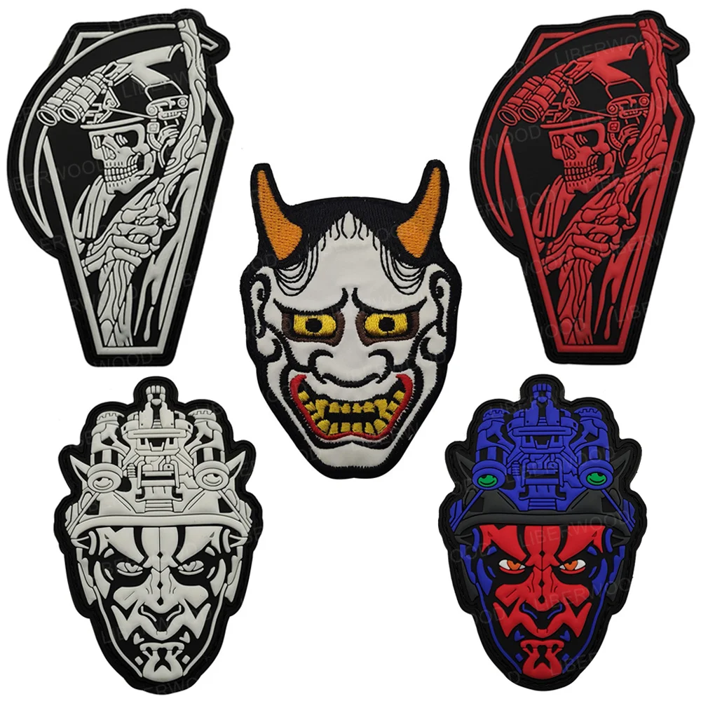 PVC Japanese Devil Mask Patch Death God Hannya Mask Monster Samurai Tactical Badge Halloween Applique with Hook (White Glow)