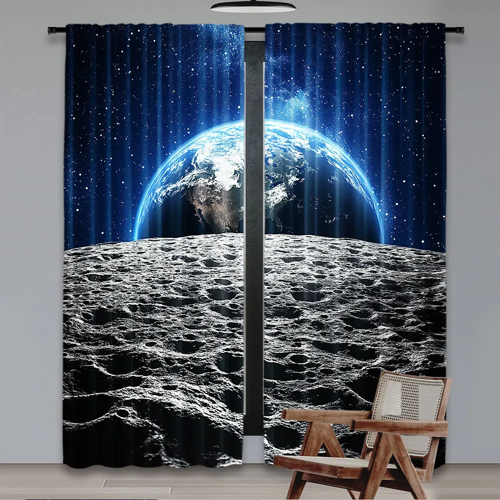 2Pcs Galaxy Curtain View Of Earth Globe From The Moon Surface Out Space Dark Matter Galaxy For Bedroom Living Room And Dining