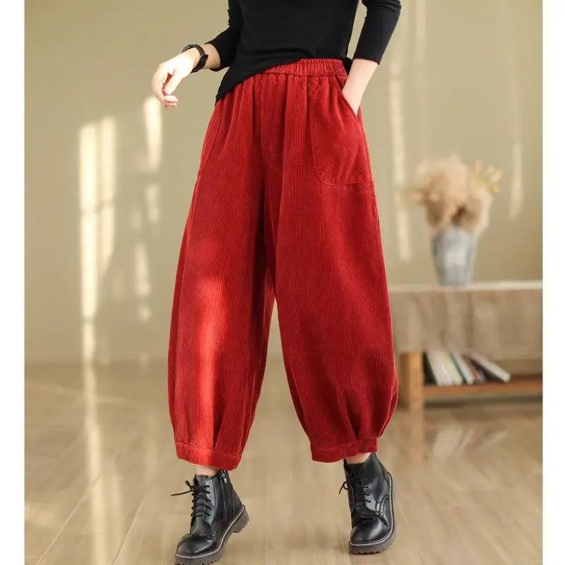 Solid Corduroy Pants Women 2023 New Autumn Versatile Personalized Loose Large Size Lantern Trousers Elastic Waist Bloomers Z3179