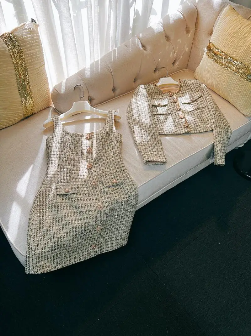 

Ele Long Sve Outerwear Vest Dr Midi Skirt Luxury Set Women's Faion Ensemble Polyester Fiber Button Closure