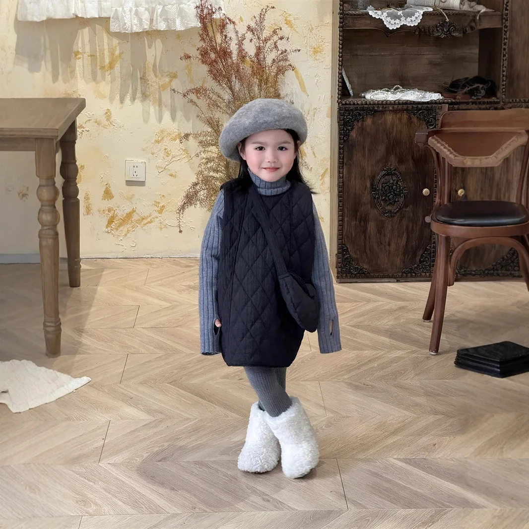With Bag Korean Version of Girls' Autumn and Winter Gray Turtleneck Wool Black Quilted Vest Skirt Princess Skirt