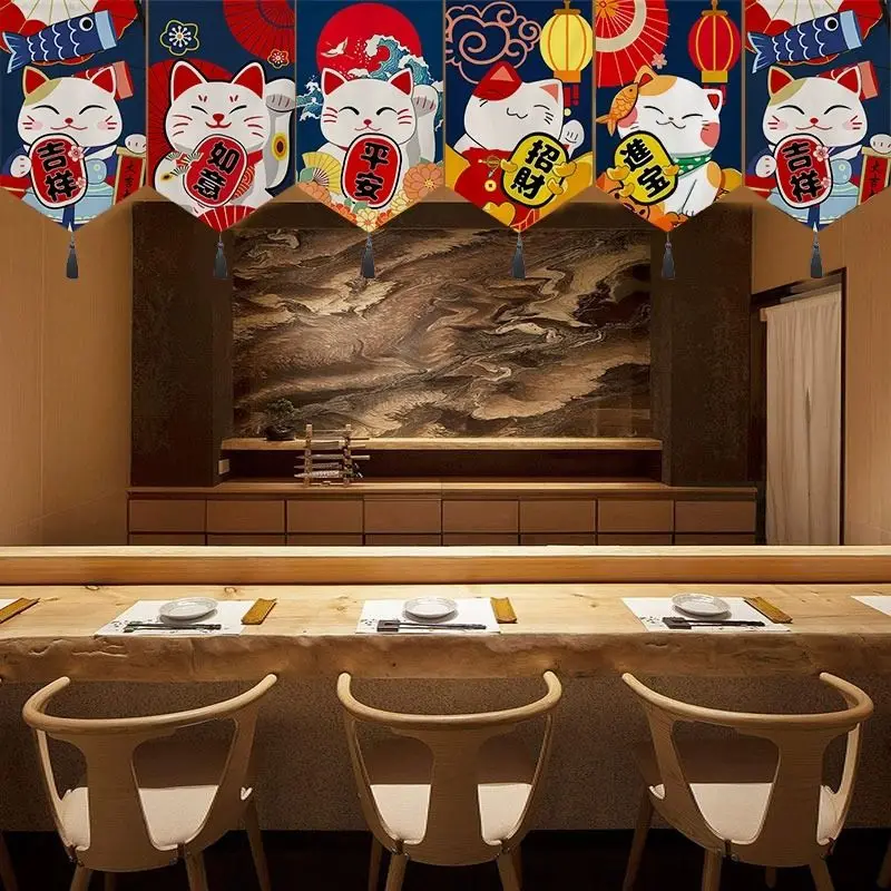 VIKAMA Lucky Cat Triangle Flag Japanese Door Curtain Noren Hanging Partition Curtain Restaurant Kitchen Entrance Decor