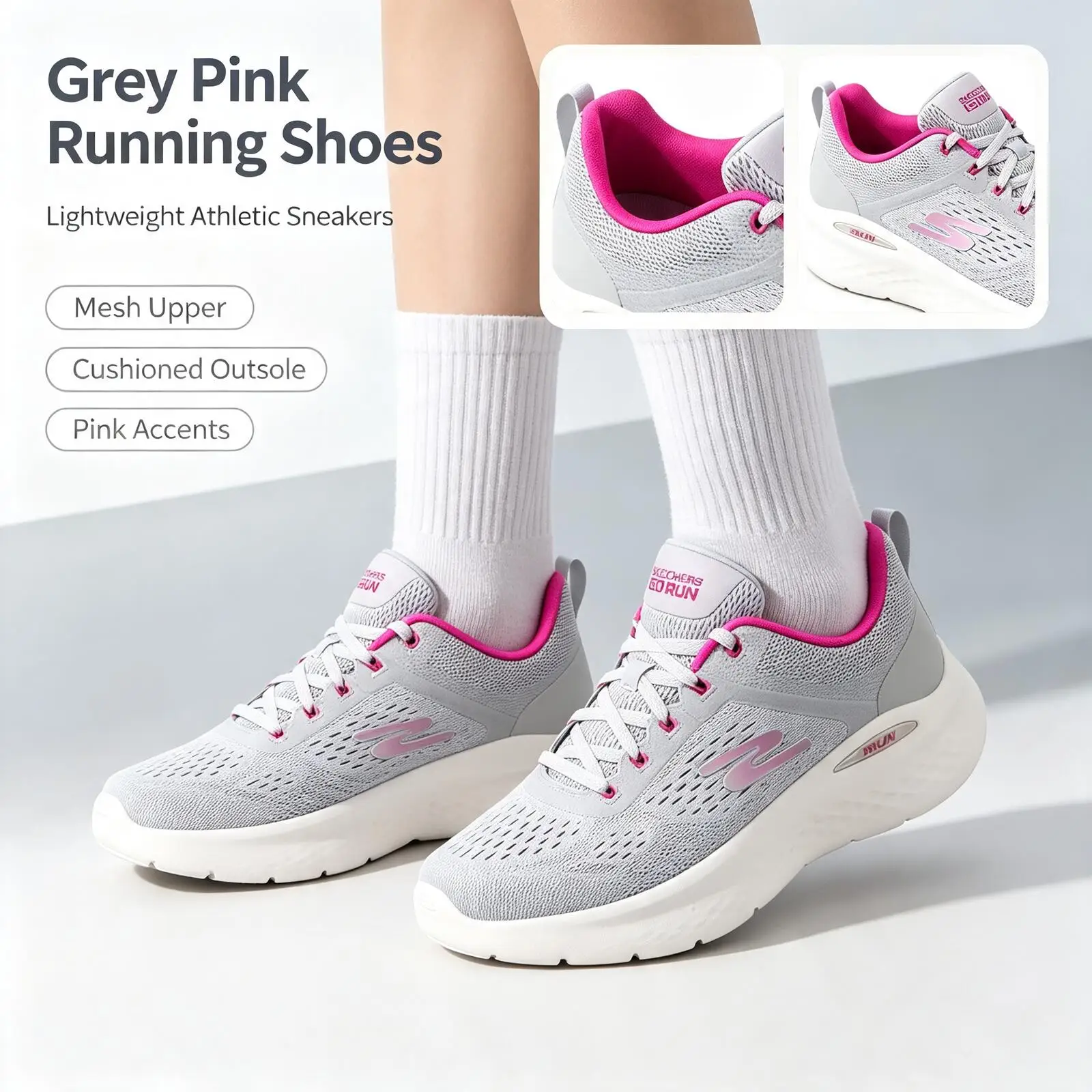 Skechers New Women Running Shoes 129423-GYPK Lightweight Breathable Mesh Cushioned Sport Sneakers Outdoor Walking Shoes