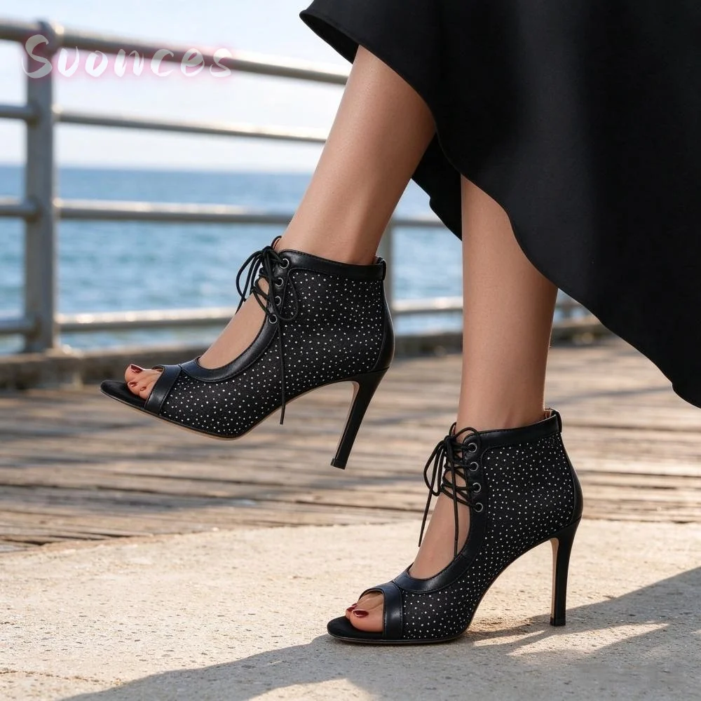 Womens Mesh Rhinestone Ankle Heeled Sandals Peep Toe Stiletto Heels Front Lace Up Design Hollow Stylish Dress High Shoes