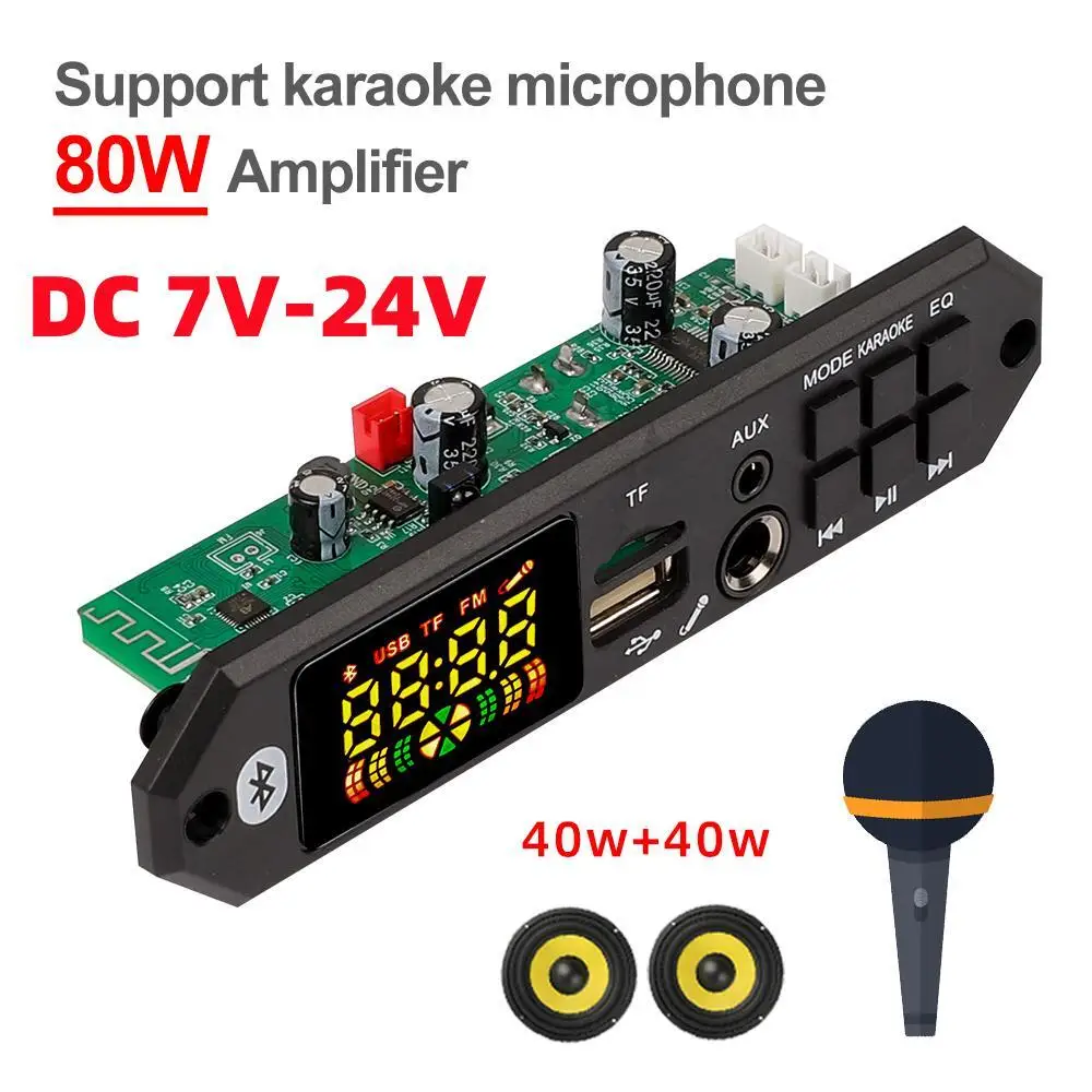 Handsfree MP3 Decoder Board 80W Amplifier Bluetooth 5.0 MP3 Player 12V 24V Car FM Radio Module TF USB with Microphone Control