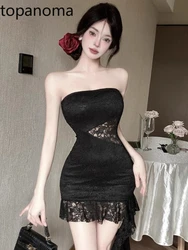 Topanoma Party Evening Dresses Women Sexy Strapless Lace Patchwork Irregular Ruffles Slim Backless Cocktail Dress Prom Clubwear