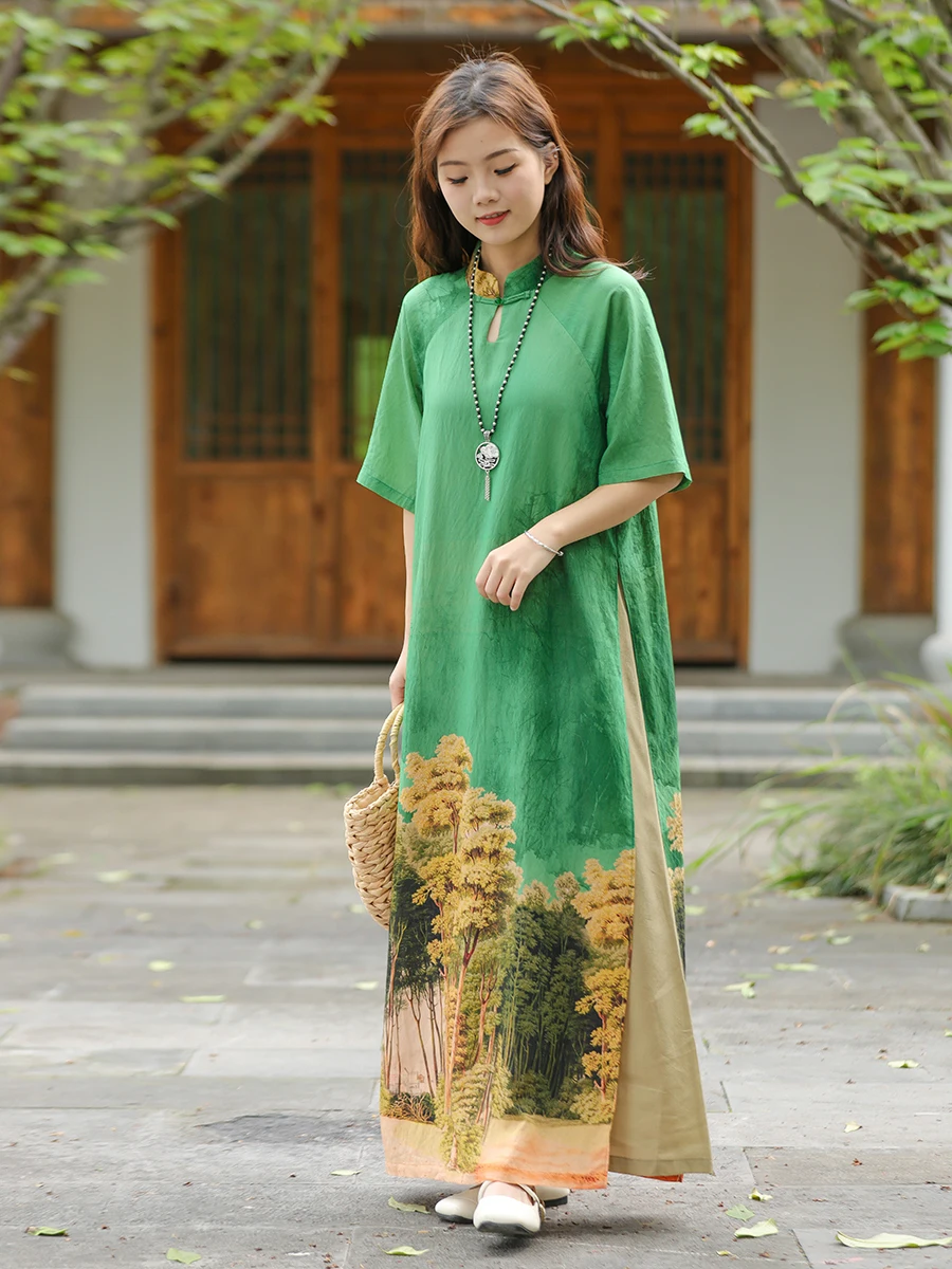 LZJN Ladies Chinese style stand-up collar tray buckle improved double-layer Aodai Cheongsam summer long dress