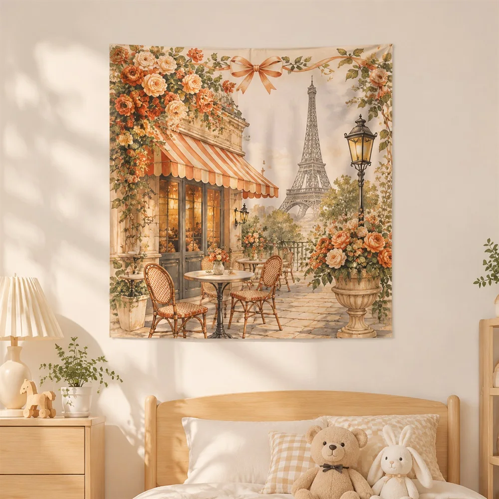 VIKAMA Paris Cafe Corner Clustered Groups Tapestry Wall Hanging, French Wall Decor Tapestries for Living Room Bedroom Kids Room