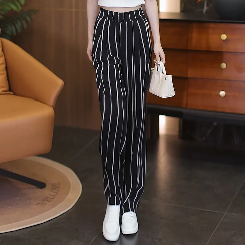 

Striped Comfortable Pants for Women, Summer Thin High-Waist Draped Suit Pants, Slimming Loose Straight-Leg Pants