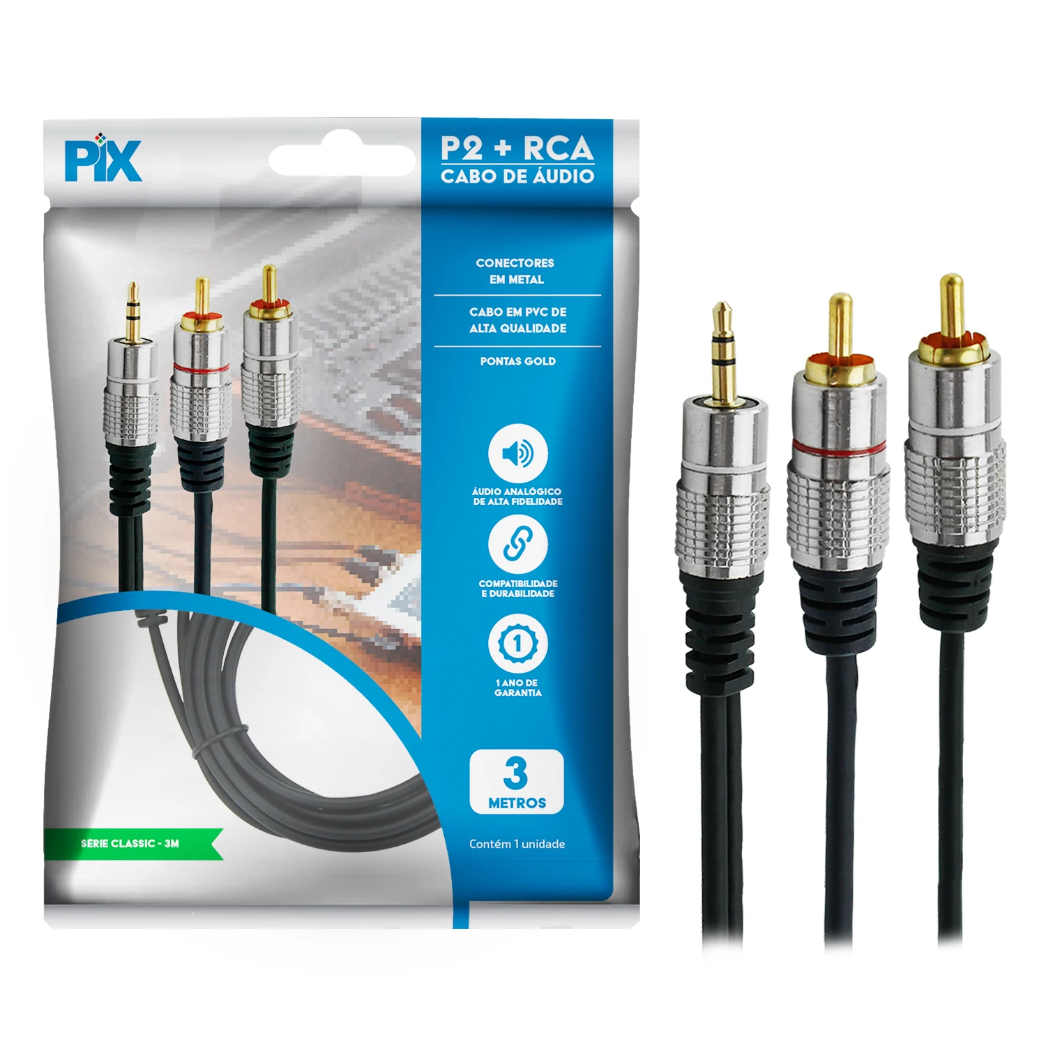 Professional Audio Cable P2 + 2 Rca Armored 3 Meters 24k