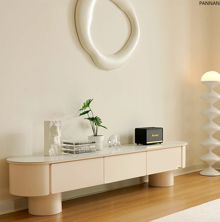 

Cream wind TV cabinet storage storage integrated living room small apartment white rock slab TV cabinet