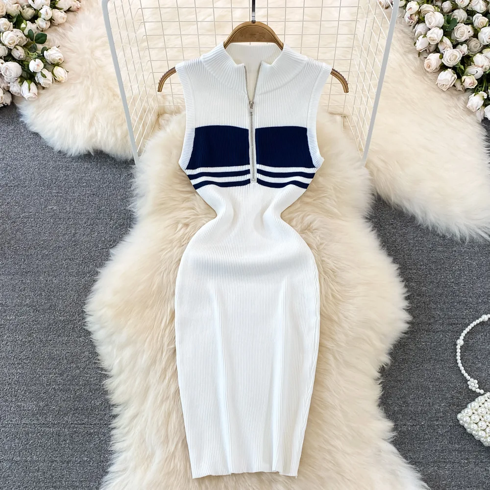 

Mid Length Dress Women Dresses Knitted Slim Fit Zipper Vestidos Streetwear Sleeveless Sexy Splice Y2k Party Club Summer 2025