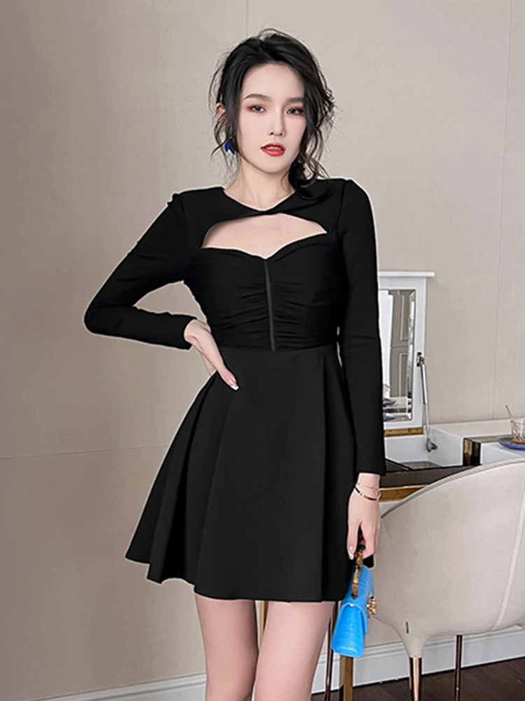 Spring Fashion Sexy Dress Women 2023 Black O-neck Hollow Cut Out A-LINE High Waist Mini Clothes Lady Party Club Holiday Vestidos