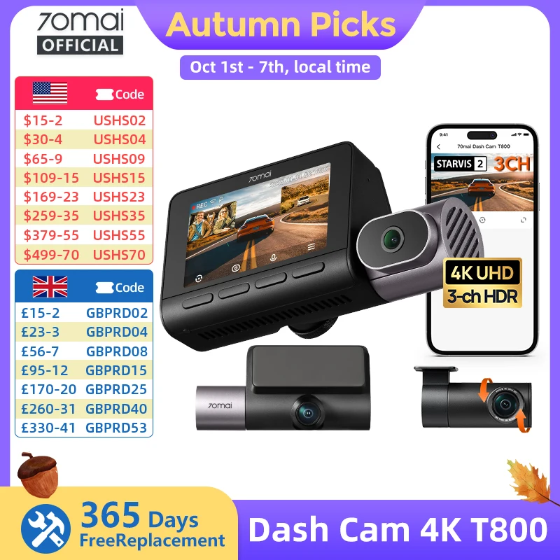 70mai 4K T800 3-Channel Dash Cam, Front Rear Interior Triple HDR, Supercapacitor Built-in GPS&ADAS, 24H Parking Guardian 4G LTE