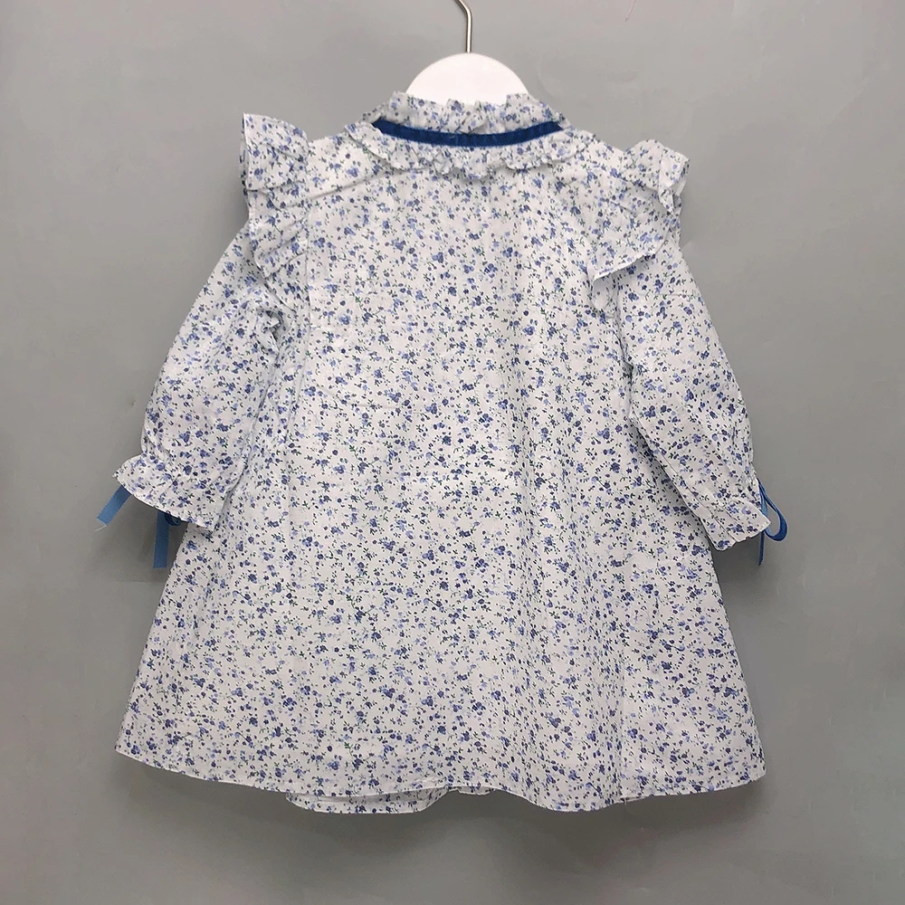 Children Boutique Clothing Summer Girls Half Sleeves Handmade Smoked Blue Floral Cotton Eid Dress Princess Skirt Siblings Outfit