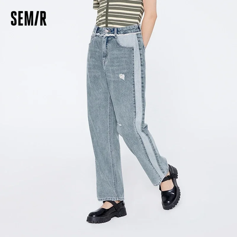 Jeans semi-feminina, algodão puro, cor de costura, borda desfiada, calça reta, novo design, sentido, verão, 2021