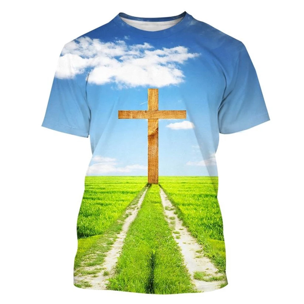 New Men\'s Summer Fashion Breathable Sports 3D T-shirts Christian Cross Black and White Jesus Printed 3D T-shirt Leisure Men Tops