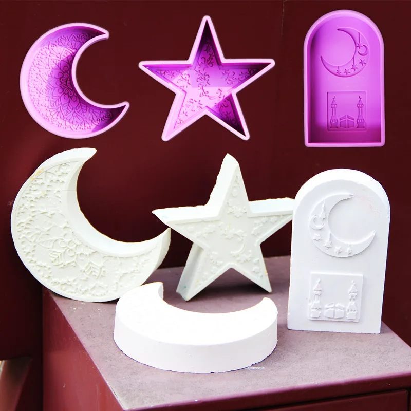 Stern Duftkerze Silikonform 3D Mandala Halbmond Gewölbte Gipsform Eid Mubarak Ramadan Dekor Herstellung Werkzeuge Ornamente