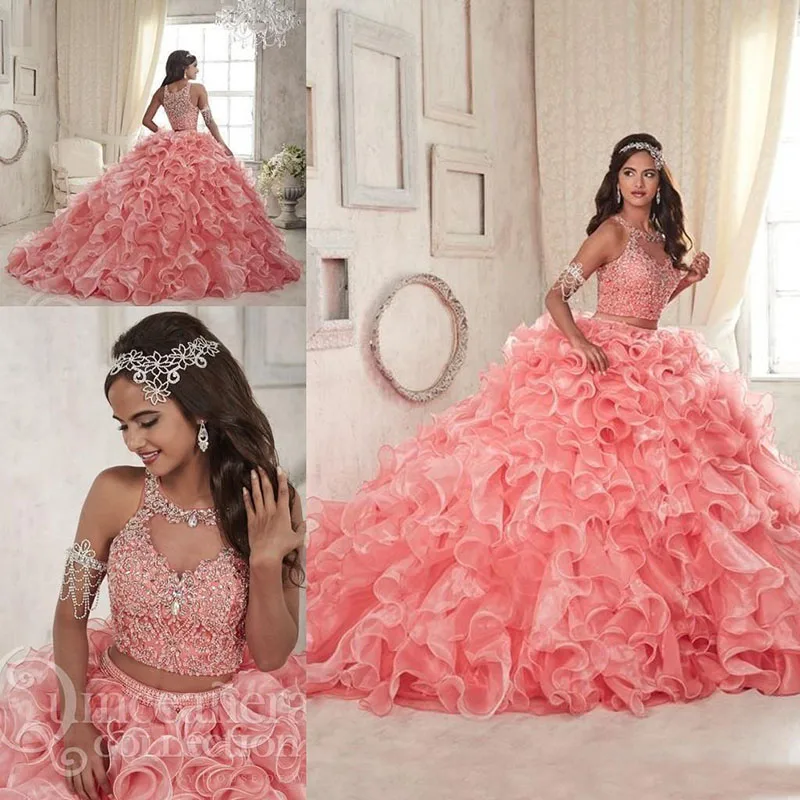 Luxo frisado duas peças coral quinceanera vestidos organza camadas saias babados jewel neck feito sob encomenda doce 16 vestidos de festa