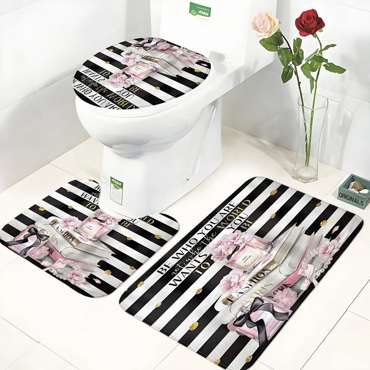 

Bathroom 3-Piece Set - Black White Striped Non-Slip Toilet Lid Cover + Bath Mat + U-Shaped Rug, Fashion Perfume Pattern Bathroom Decor