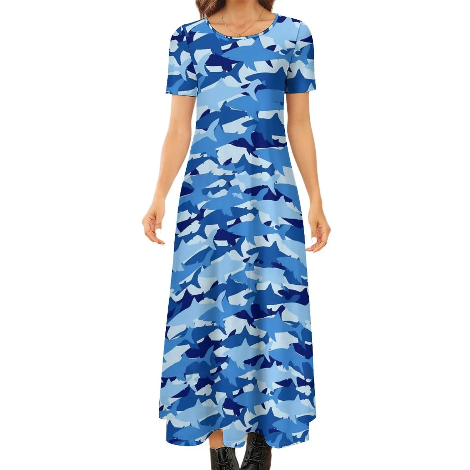 Blue Shark Dress Animal Print Kawaii Maxi Dress Women Short Sleeve Streetwear Bohemia Long Dresses Big Size 6XL 7XL