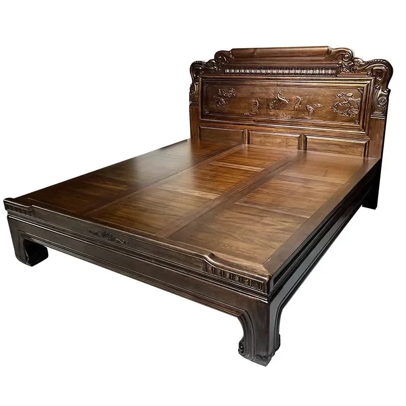 

Red gold sandalwood bed, solid wood carving flowers, Ming and Qing retro double bed, master bedroom antique furniture