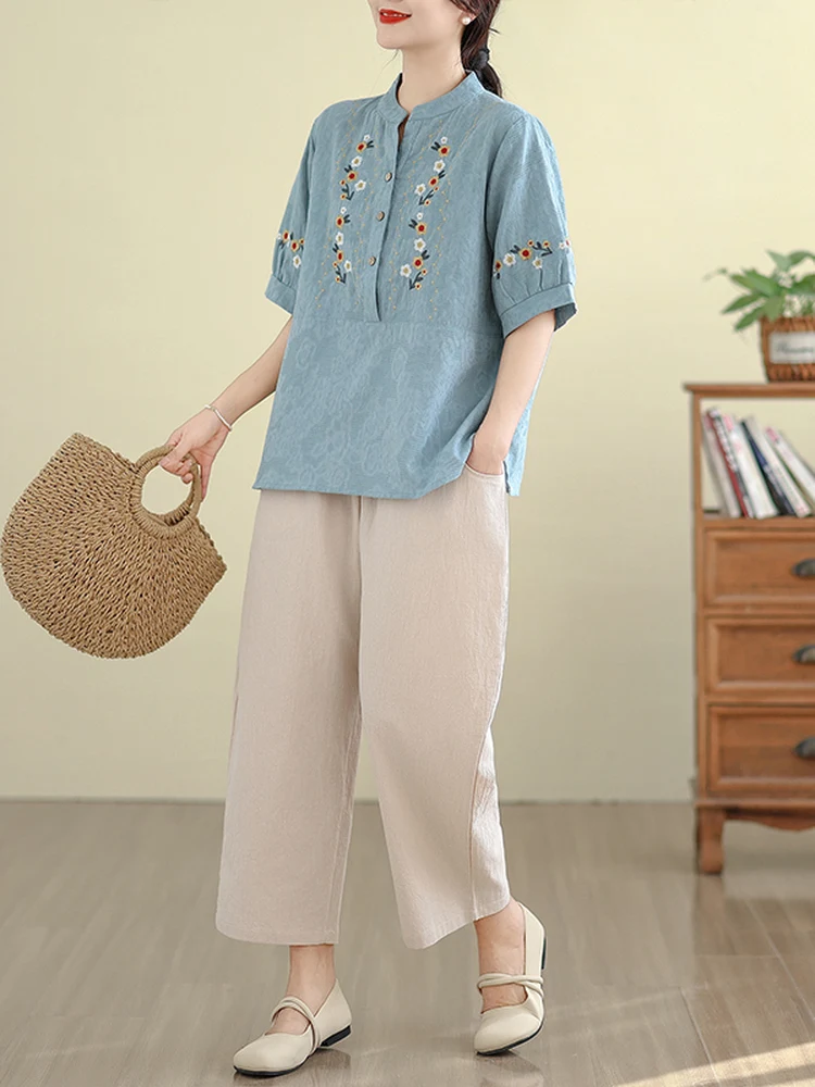 

Elegant Cotton Linen Embroidered Short Sleeve Top And Pants Two Piece Set for Middle-Aged Women Fashionable Loose Fit Summer ...