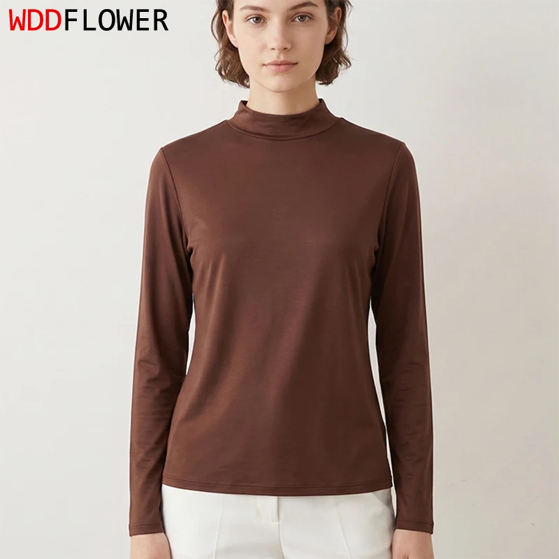 100% Natural Silk Solid Colors Women Long Sleeve T-Shirt Mock Neck bottoming shirt base shirt undershirt thermal top TB026