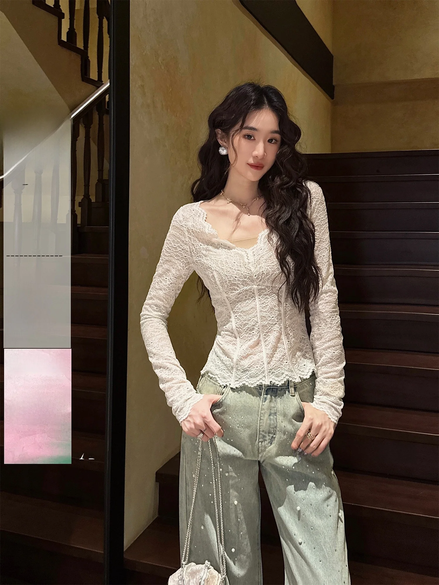 

New Chinese Style Silver Knitted Lace Trim Base Shirt Black Flower Three Ji Knitted Top Trendy Commute Loose Fit Nylon Blend