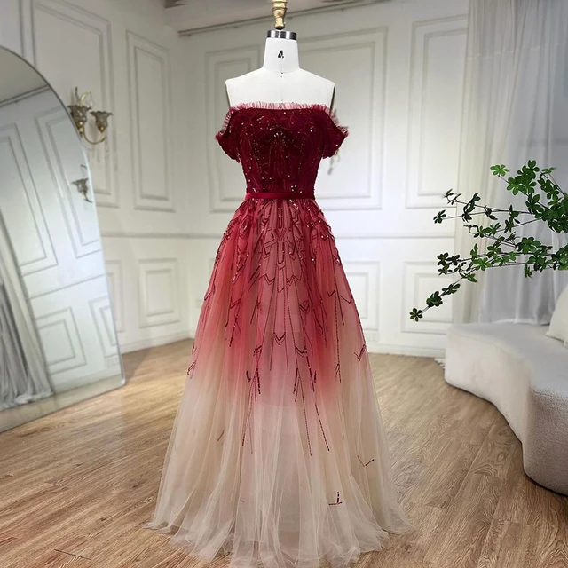 Gradual Change Red A line Sexy Evening Dresses 2021 Beading Sequins Boat Neck Formal Dress Design Serene Hill La70516 Evening Dresses AliExpress