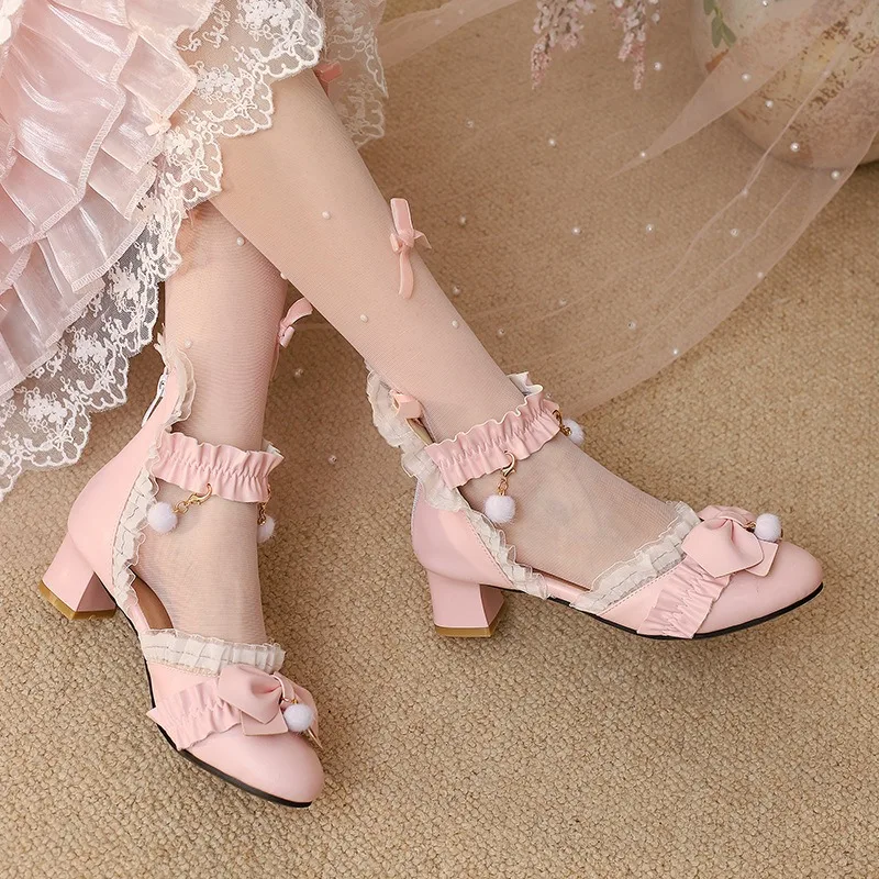 Women Sweet Closed Toe Hollow Sandals Mid Heel Ruffle Candy Princess Shoes