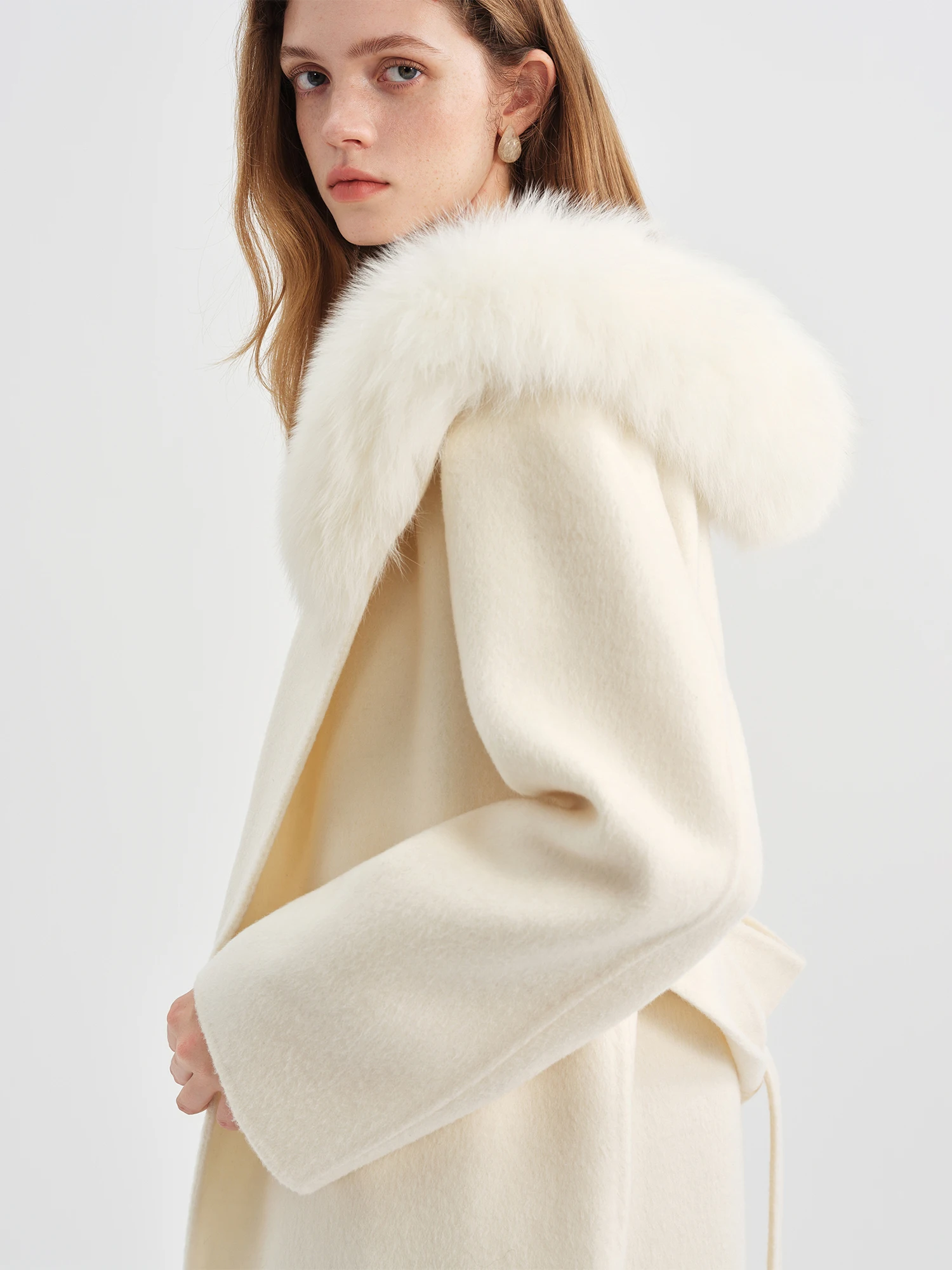 FSLE 2025 Winter Women's Fox Fur Hooded Double Faced Wool Coat Long Plush Outerwear Vintage Elegant Warm Wool Coat Soft Coat