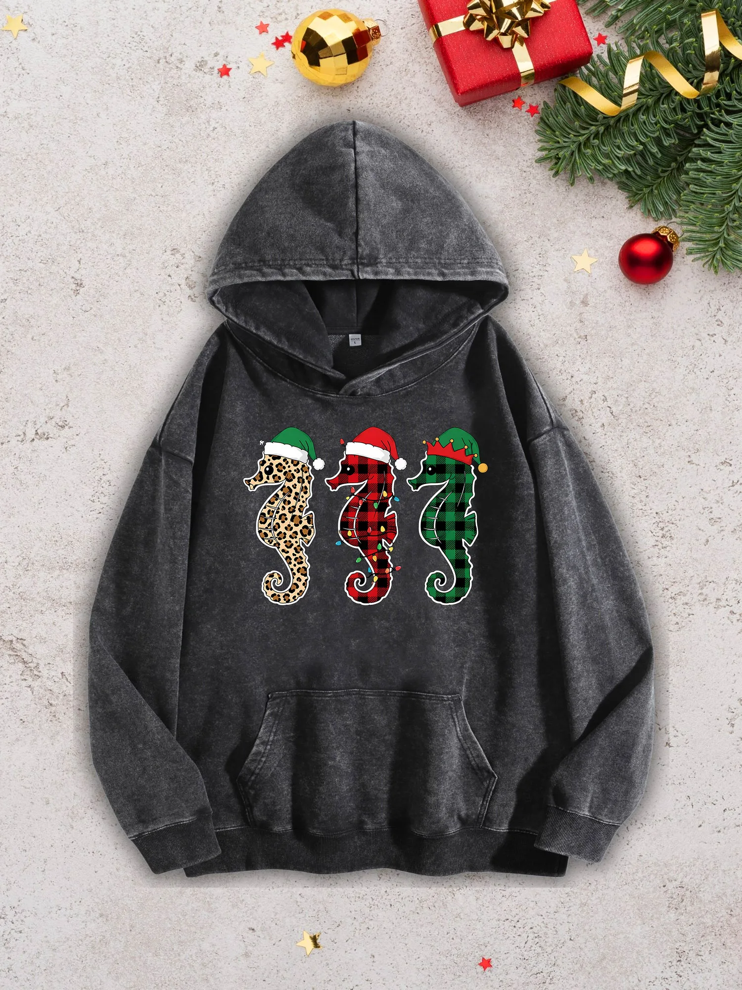 

Seahorse Xmas Men's Heavyweight Hoodie - Acid Wash Retro Black Pullover, Fall & Winter Sweatshirt 400Gsm