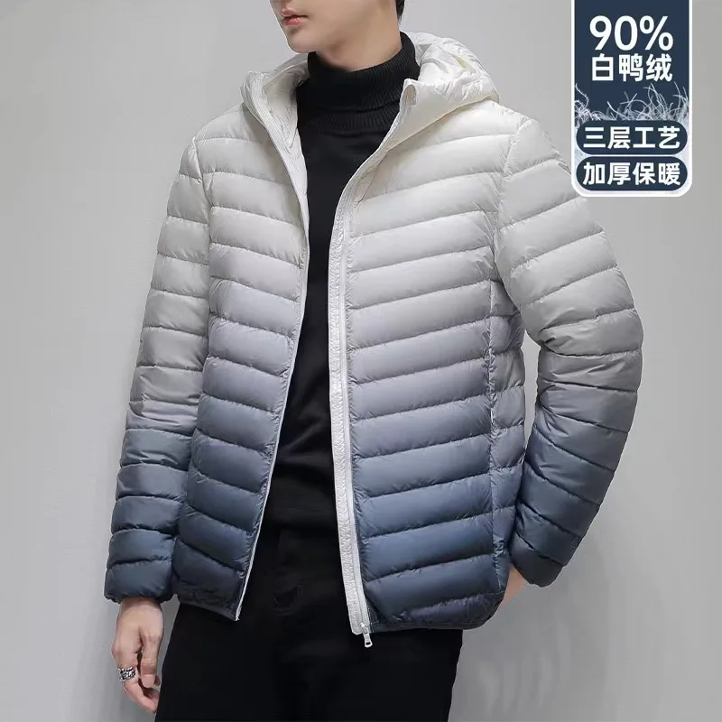 Men's Gradient Lightweight Down Coat with Hood  90% White Duck Down Jacket Men Puffer Jacket Men Jaqueta Couro Masculina JK-966