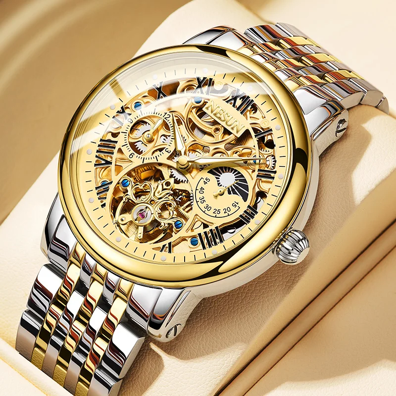 ساعة NESUN ميكانيكية أوتوماتيكية للرجال، ساعة رجال الأعمال الكلاسيكية متعددة الوظائف المصنوعة من الفولاذ المقاوم للصدأ