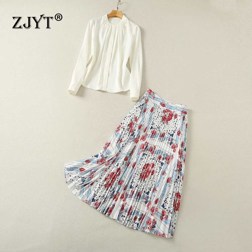 

ZJYT 2 Piece Dress Sets Women Long Sleeve White Shirt Pleated Skirt Suit Spring Outfit Runway Floral Print Conjuntos De Vestidos