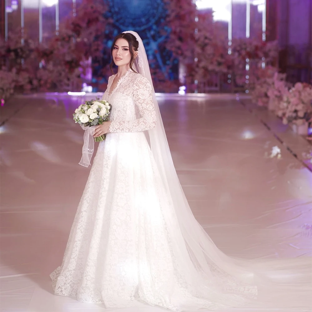 

Lace Wedding Dresses High Collar Long Sleeve A Line Brides Dress Sweep Train Elegant Bridal Gown Customized robe de mariée