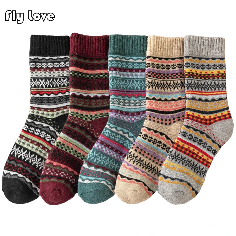 

5 Pairs Retro Winter Women Wool Socks Middle Tube Thickened Striped Rhombus Deer Flower Snow Ethnic Style Boot Floor Socks