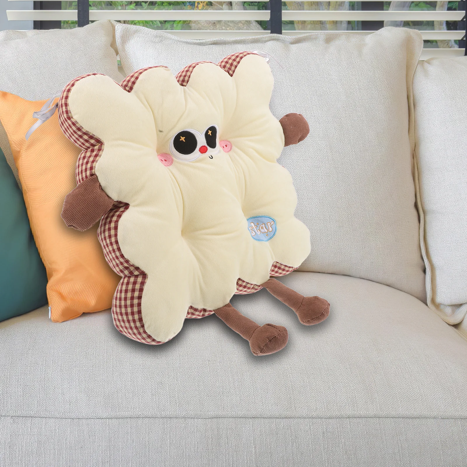 

Biscuit Shape Cushion - Cute Cartoon Seat Cushion with Non-Slip Base - Soft Elastic Core for Chair, Floor, Sofa, Car - Red Plaid