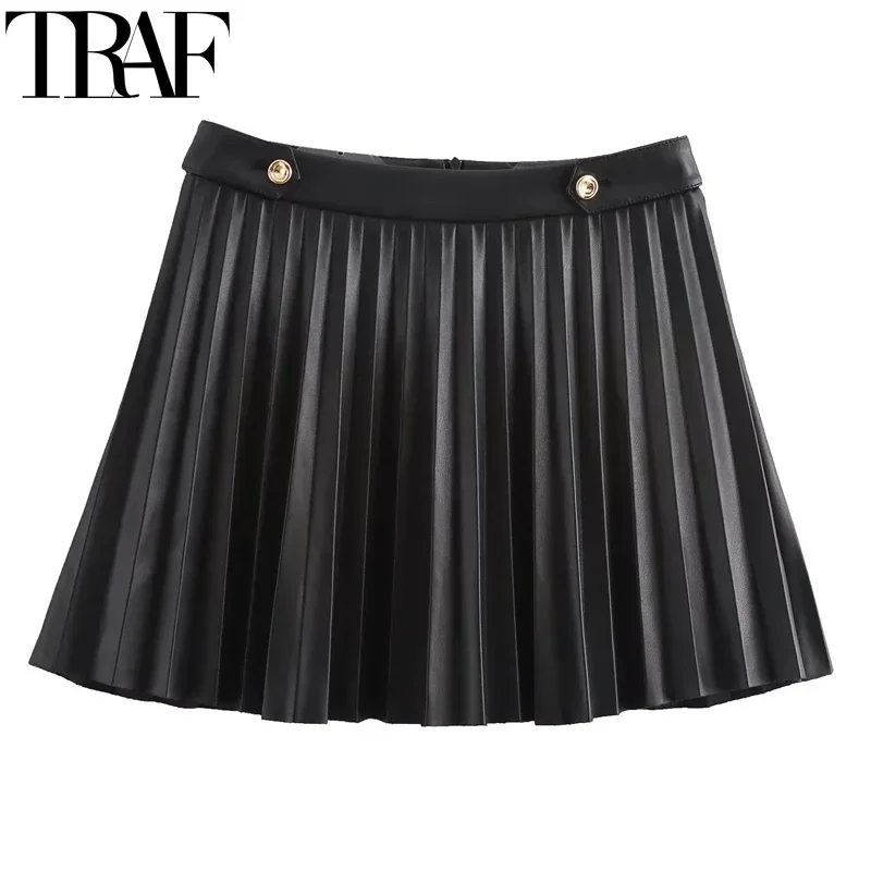 

TRAF Short Elegant Pleated Skirts 2024 Summer Autumn Women's Mini Faux Leather Skirts Ladies Fashion Casual Party Black Skirts