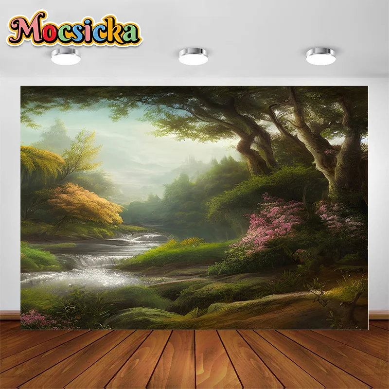 

Nature Landscape Oil Painting Mountain Decorative Background Photography Backdrop Trees Grass Creek Portrait Photo Booth